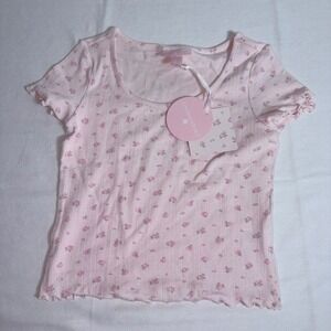 LoveShackFancy Target Floral Ribbed Top XL girl Pink New Lettuce Edge Scoop Neck